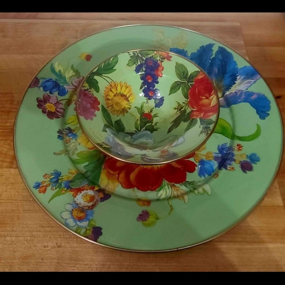 NWOT mackenzie-childs flower Market green serving tray & bowl
